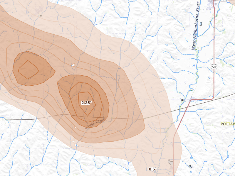 Radar-estimated hail-size map of the storm over Hancock, IA on May 31, 2026