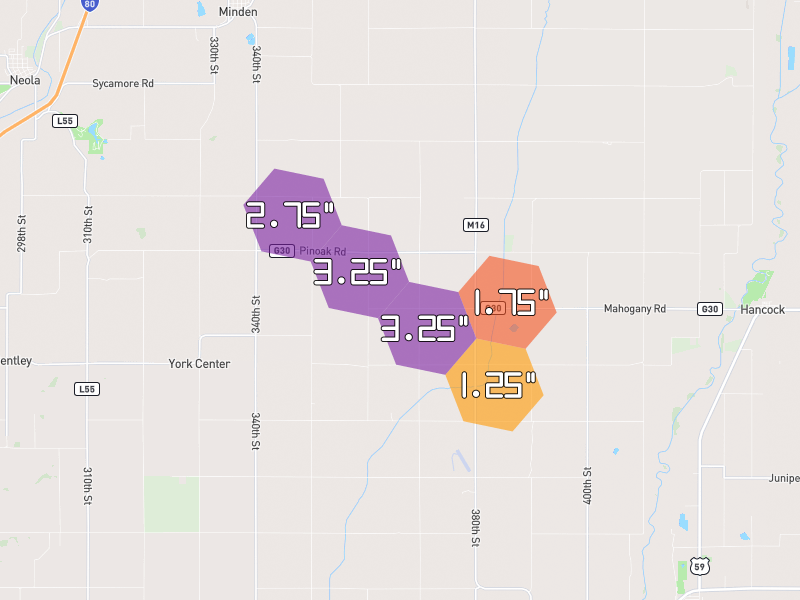 Hail map of Hancock, IA on Jun 1, 2026, hail up to 3.25"