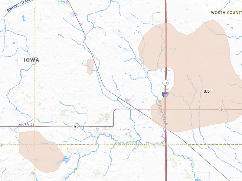 Radar-estimated hail-size map of the storm over Hanlontown, IA on Jul 8, 2026