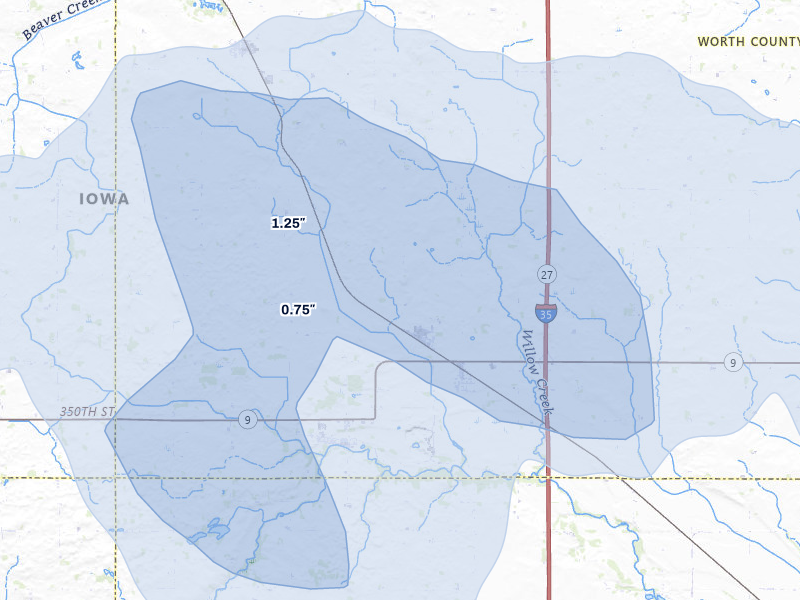 NEXRAD radar-signature map of the hail over Hanlontown, IA