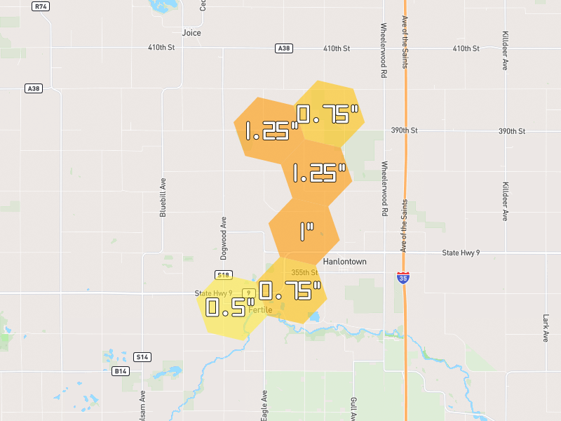 Hail map of Hanlontown, IA on Jul 8, 2026, hail up to 1.25"