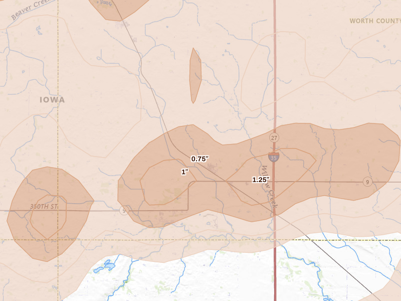 Radar-estimated hail-size map of the storm over Hanlontown, IA on Aug 7, 2026