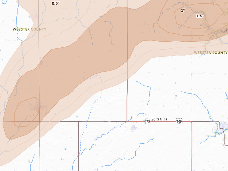 Radar-estimated hail-size map of the storm over Harcourt, IA on Jul 2, 2026