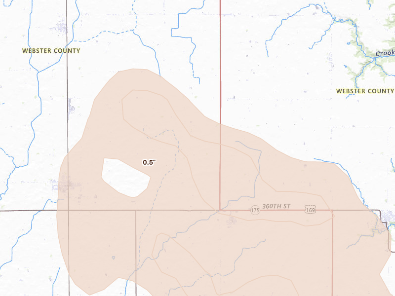Radar-estimated hail-size map of the storm over Harcourt, IA on Jul 20, 2026