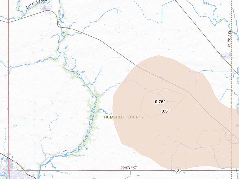 Radar-estimated hail-size map of the storm over Hardy, IA on Aug 9, 2026