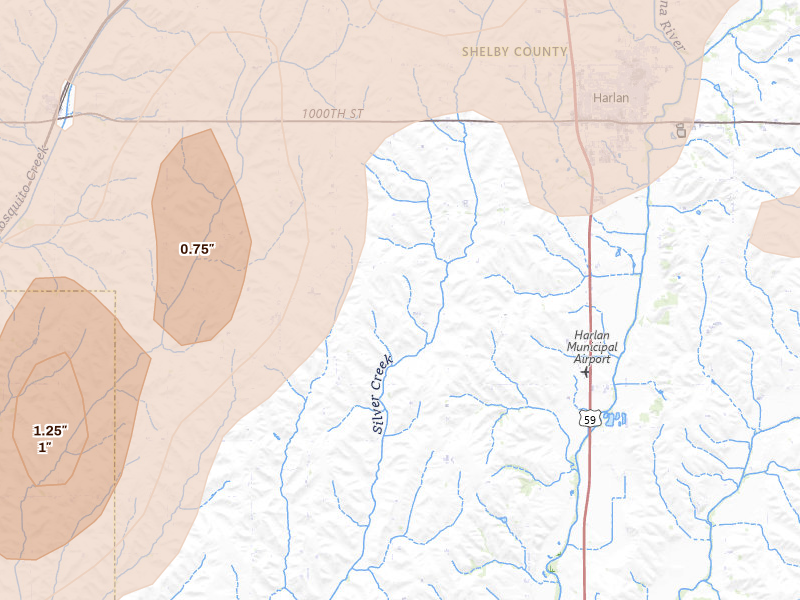 Radar-estimated hail-size map of the storm over Harlan, IA on Apr 23, 2026
