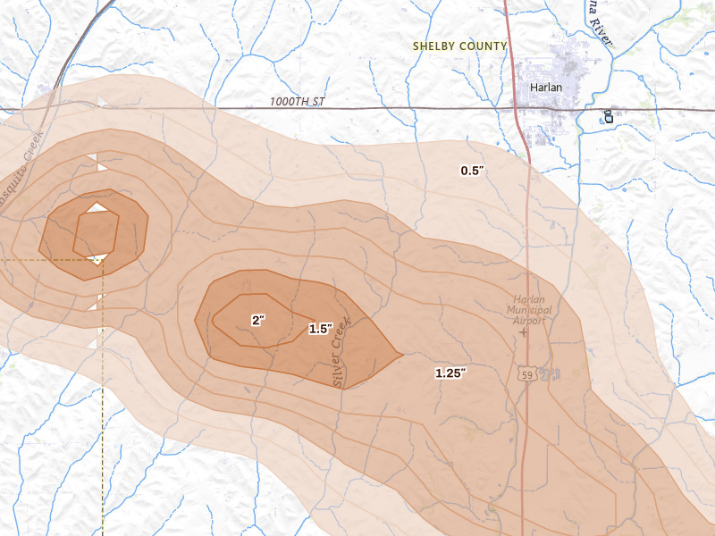 Radar-estimated hail-size map of the storm over Harlan, IA on May 31, 2026