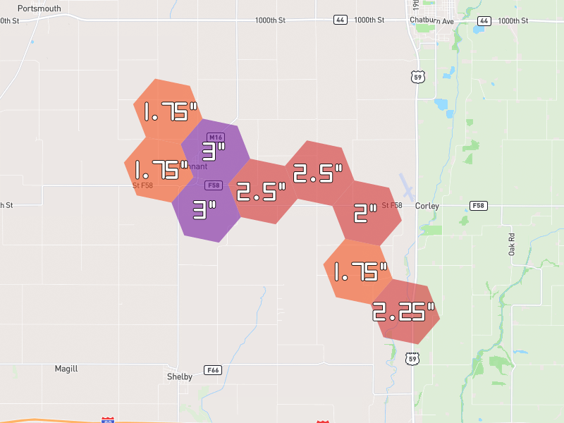 Hail map of Harlan, IA on Jun 1, 2026, hail up to 3"