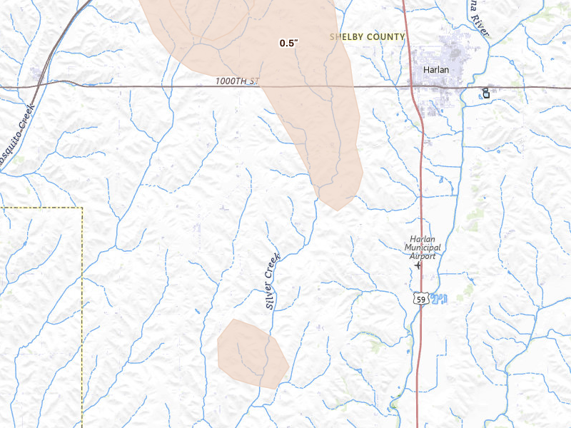 Radar-estimated hail-size map of the storm over Harlan, IA on Jul 4, 2026
