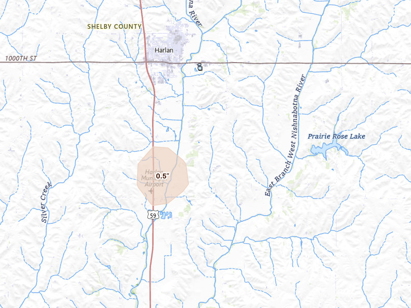 Radar-estimated hail-size map of the storm over Harlan, IA on Aug 8, 2026
