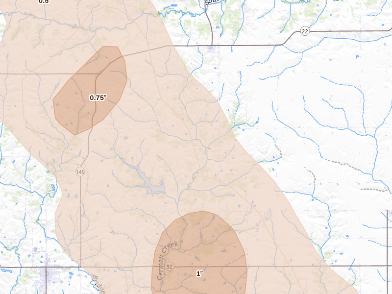 Radar-estimated hail-size map of the storm over Harper, IA on Jul 20, 2026