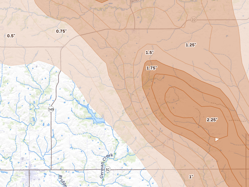 Radar-estimated hail-size map of the storm over Harper, IA on Aug 7, 2026