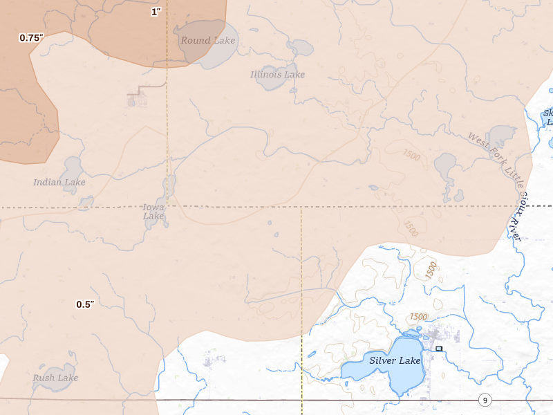 Radar-estimated hail-size map of the storm over Harris, IA on Jun 29, 2026