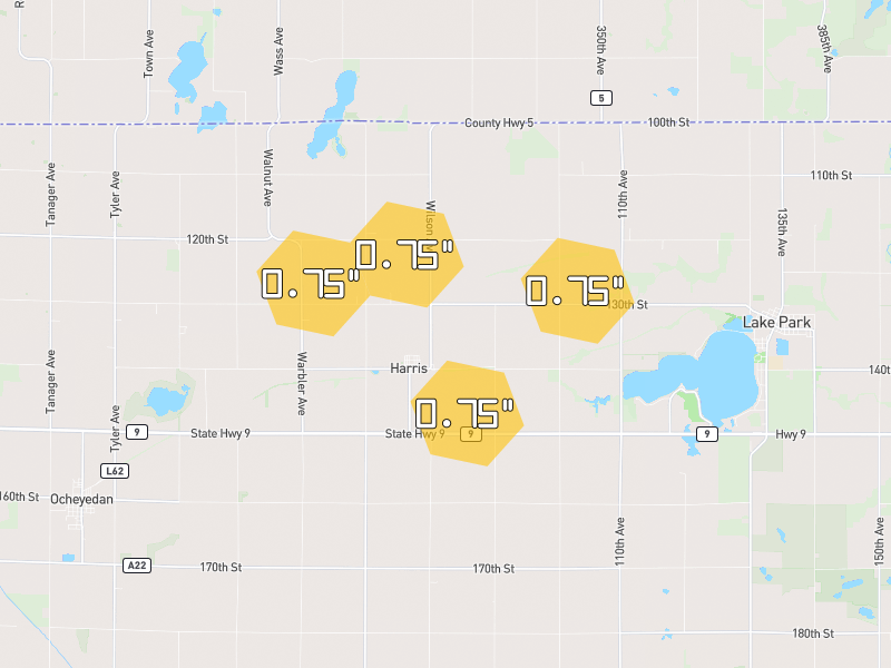 Hail map of Harris, IA on Jul 2, 2026, hail up to 0.75"