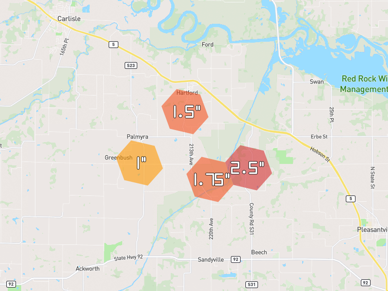 Hail map of Hartford, IA on Jun 6, 2026, hail up to 2.5"