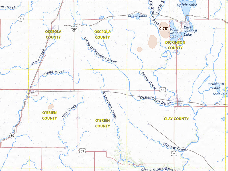 Radar-estimated hail-size map of the storm over Hartley, IA on May 18, 2026