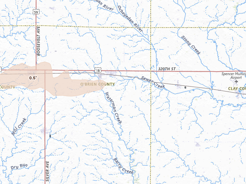 Radar-estimated hail-size map of the storm over Hartley, IA on May 24, 2026