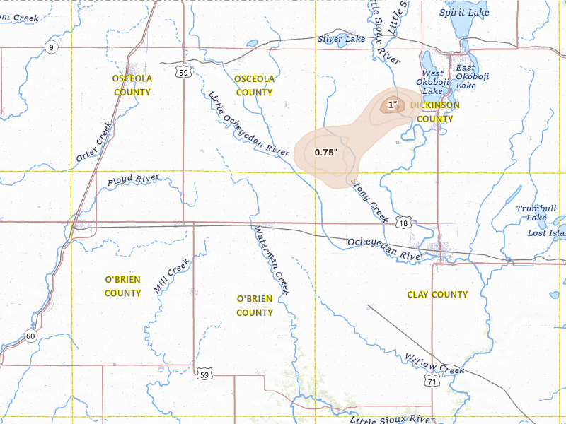 Radar-estimated hail-size map of the storm over Hartley, IA on May 25, 2026
