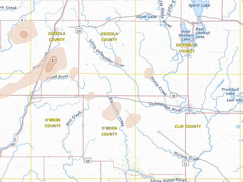 Radar-estimated hail-size map of the storm over Hartley, IA on Aug 3, 2026
