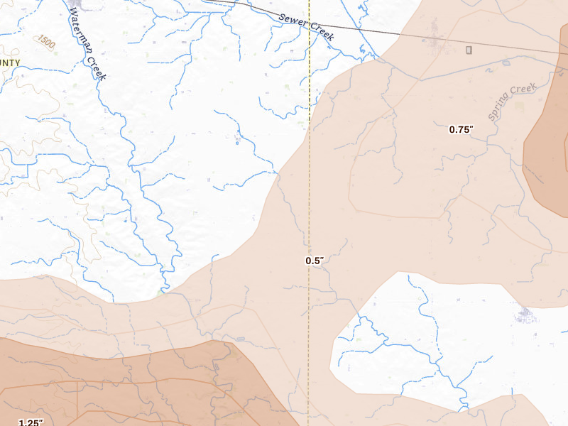 Radar-estimated hail-size map of the storm over Hartley, IA on Aug 8, 2026