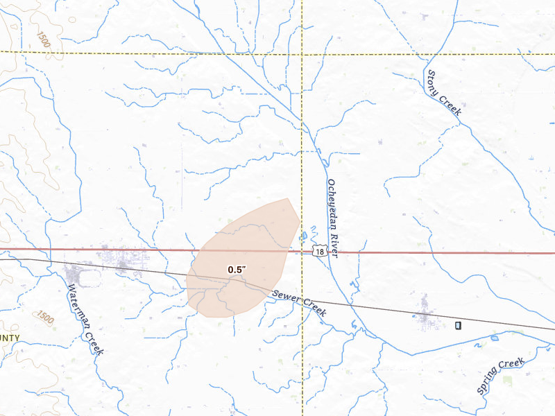 Radar-estimated hail-size map of the storm over Hartley, IA on Sep 1, 2026