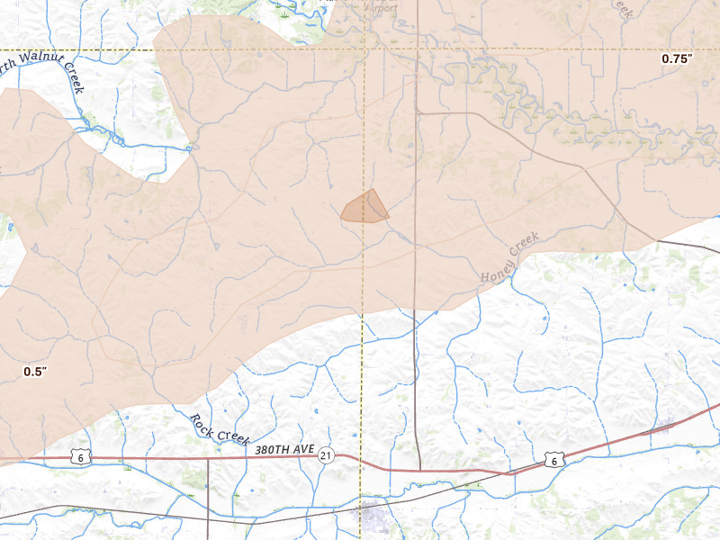 Radar-estimated hail-size map of the storm over Hartwick, IA on Apr 14, 2026