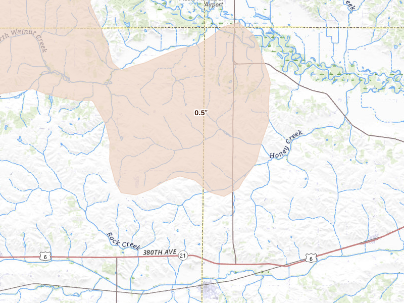 Radar-estimated hail-size map of the storm over Hartwick, IA on Jun 16, 2026