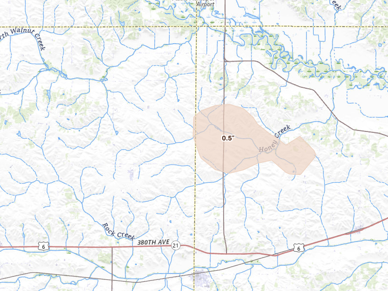Radar-estimated hail-size map of the storm over Hartwick, IA on Jul 2, 2026
