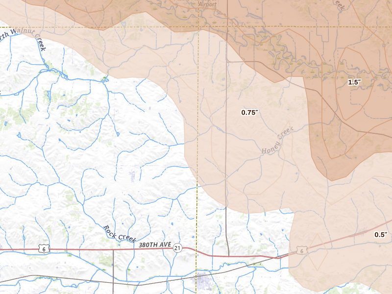 Radar-estimated hail-size map of the storm over Hartwick, IA on Aug 11, 2026