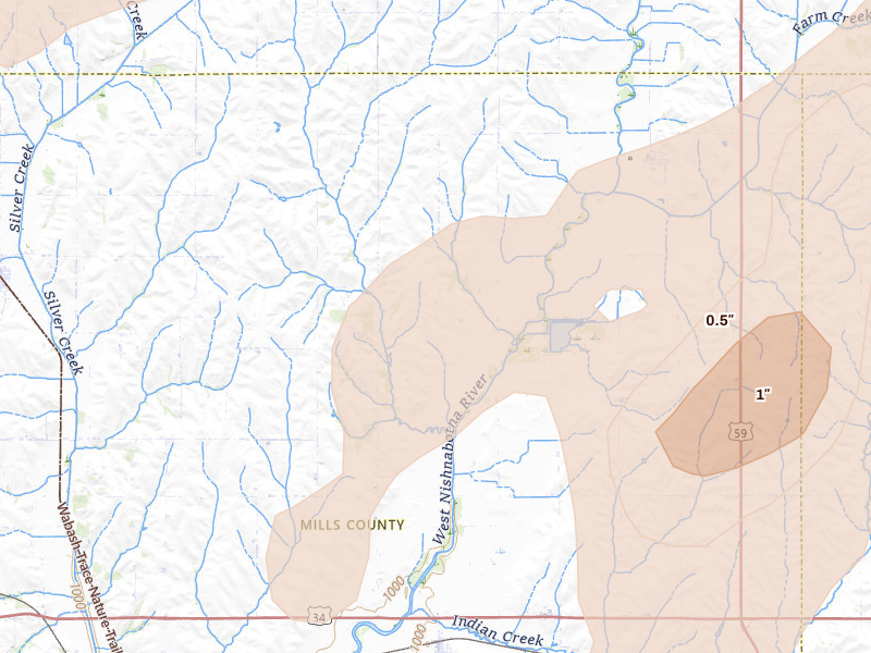 Radar-estimated hail-size map of the storm over Hastings, IA on Apr 23, 2026