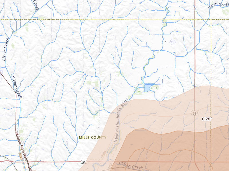 Radar-estimated hail-size map of the storm over Hastings, IA on May 15, 2026