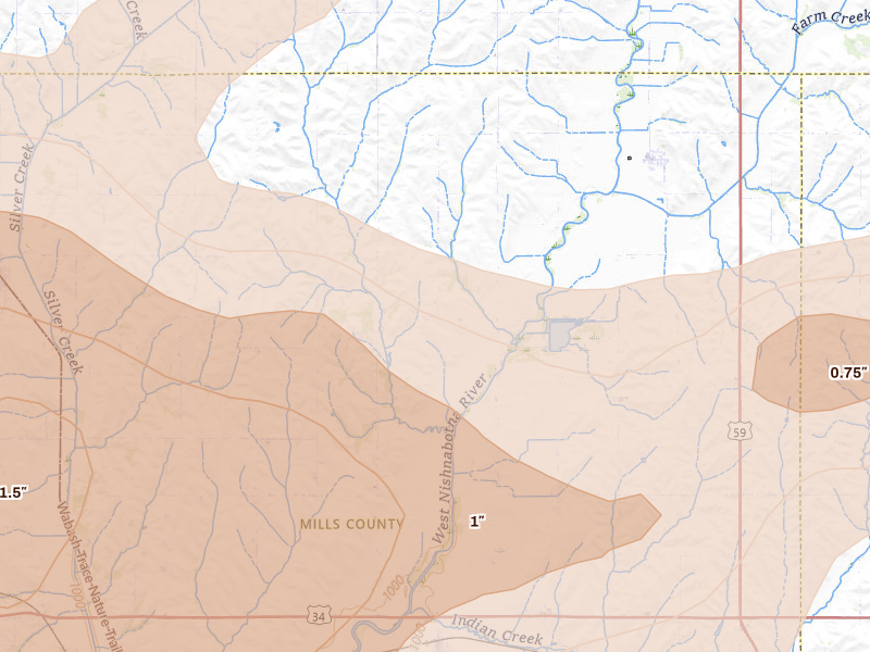 Radar-estimated hail-size map of the storm over Hastings, IA on Jun 5, 2026