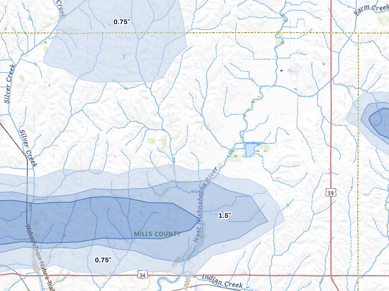 NEXRAD radar-signature map of the hail storm over Hastings, IA on Jun 5, 2026