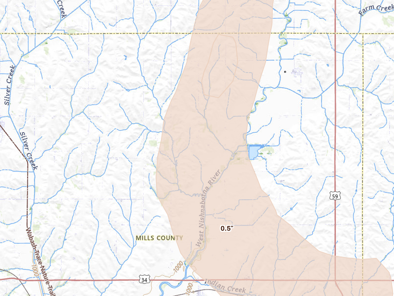 Radar-estimated hail-size map of the storm over Hastings, IA on Jun 30, 2026