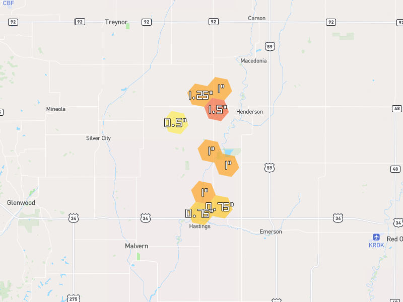 Hail map of Hastings, IA on Jul 1, 2026, hail up to 1.5"