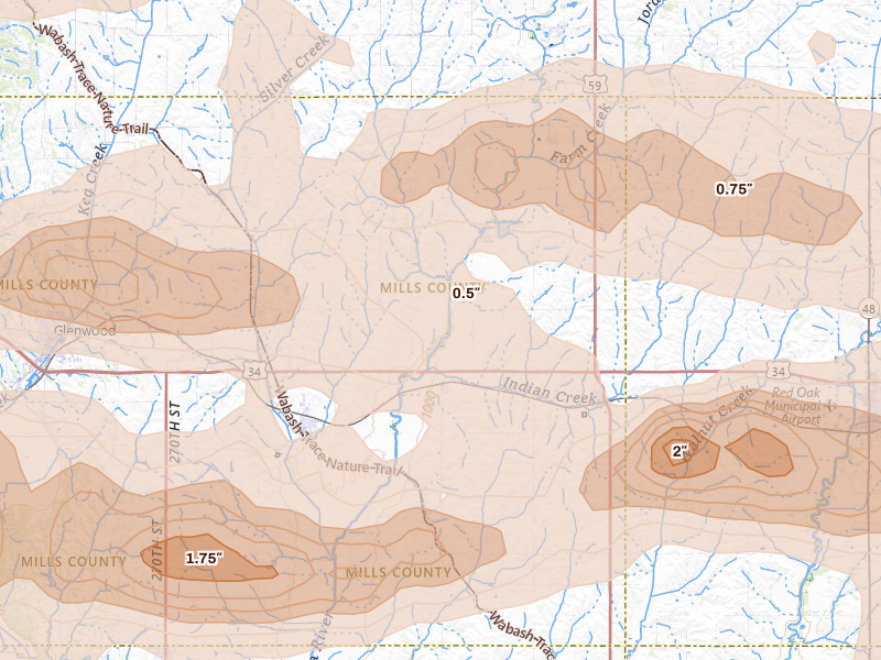 Radar-estimated hail-size map of the storm over Hastings, IA on Aug 4, 2026