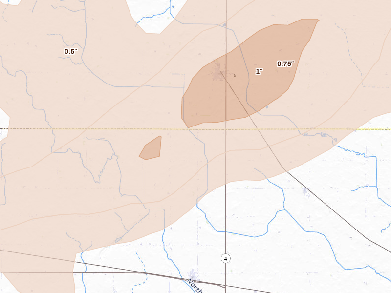Radar-estimated hail-size map of the storm over Havelock, IA on Jun 28, 2026