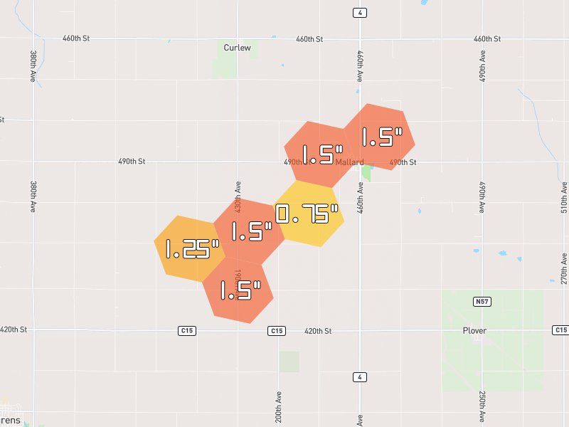 Hail map of Havelock, IA on Jun 28, 2026, hail up to 1.5"