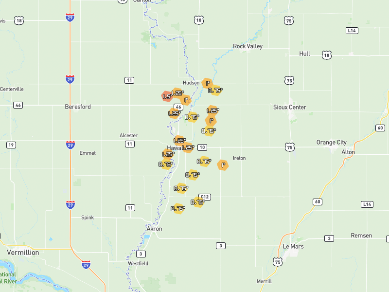 Hail map of Hawarden, IA on Jun 30, 2026, hail up to 1.5"
