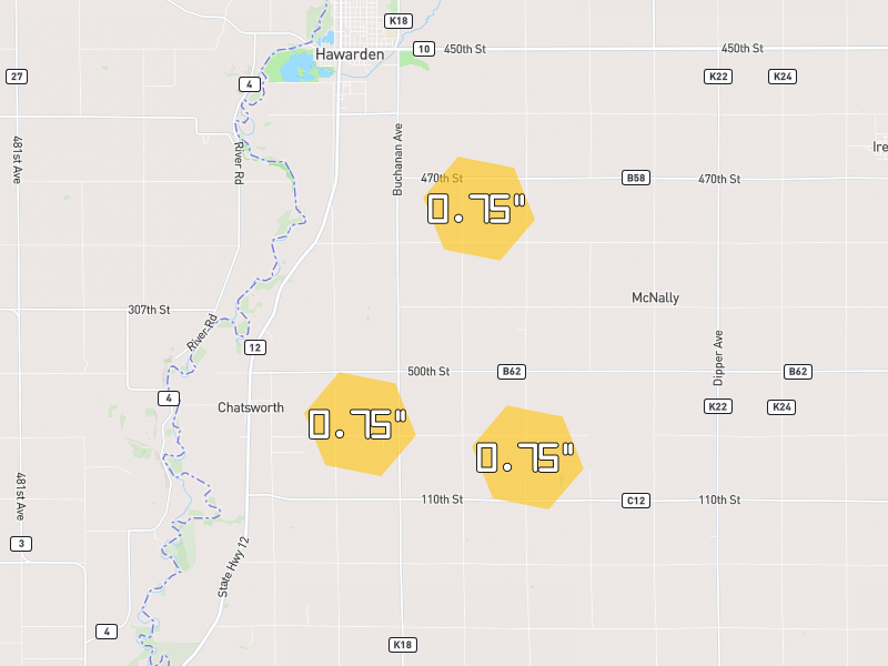 Hail map of Hawarden, IA on Jul 1, 2026, hail up to 0.75"