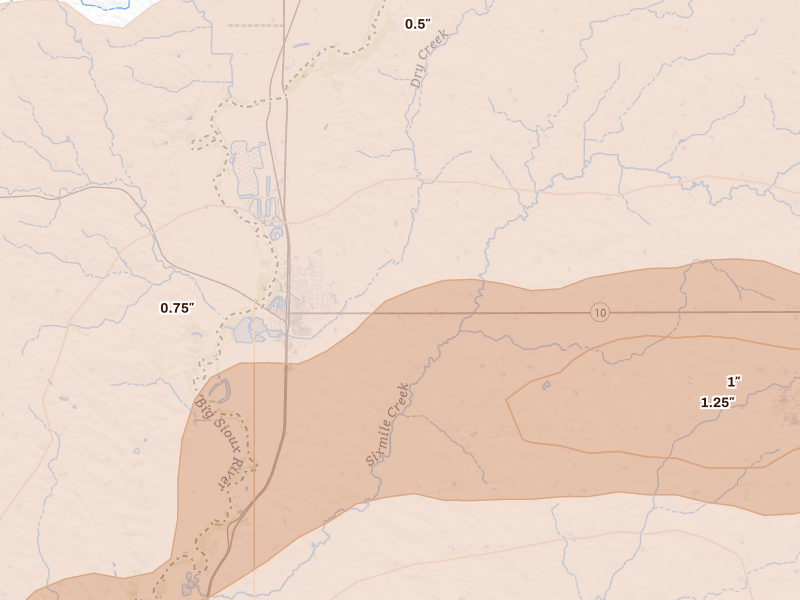 Radar-estimated hail-size map of the storm over Hawarden, IA on Sep 1, 2026
