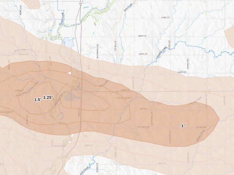 Radar-estimated hail-size map of the storm over Hawarden, IA
