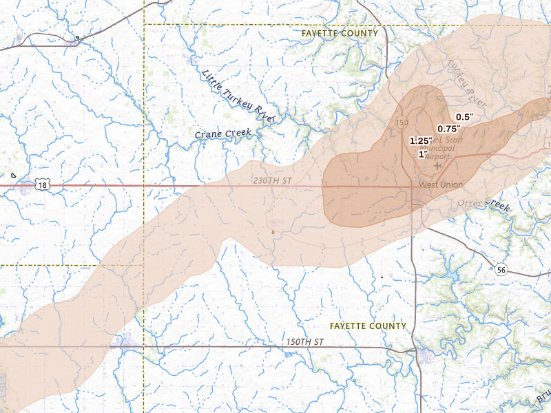 Radar-estimated hail-size map of the storm over Hawkeye, IA on Apr 17, 2026