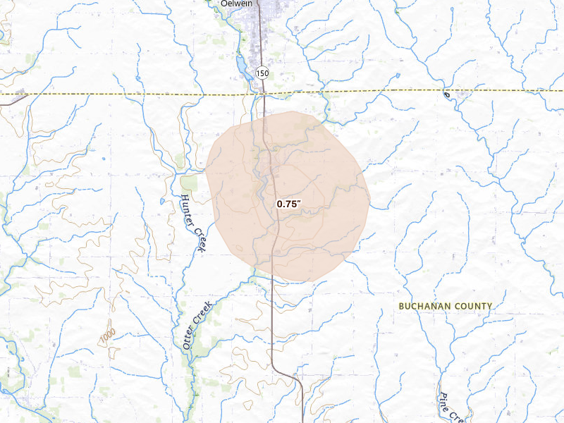 Radar-estimated hail-size map of the storm over Hazleton, IA on May 16, 2026