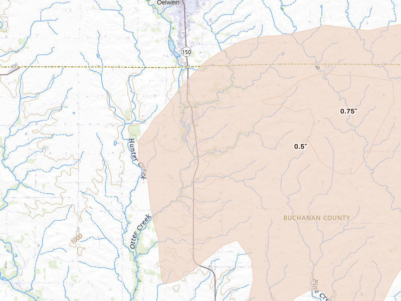 Radar-estimated hail-size map of the storm over Hazleton, IA on Jun 28, 2026