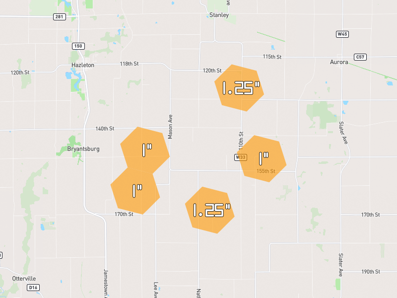 Hail map of Hazleton, IA on Jun 28, 2026, hail up to 1.25"