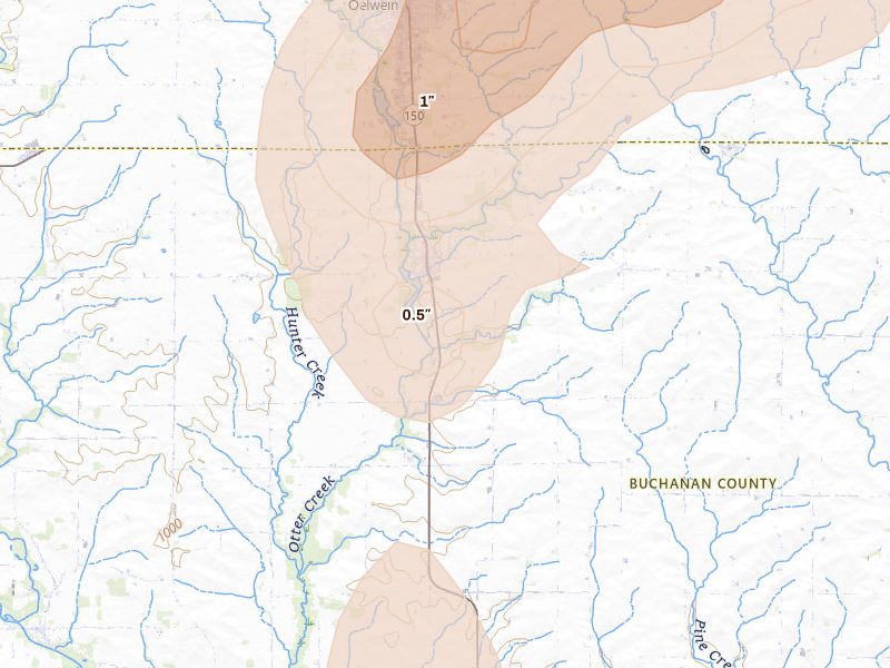 Radar-estimated hail-size map of the storm over Hazleton, IA on Jul 2, 2026