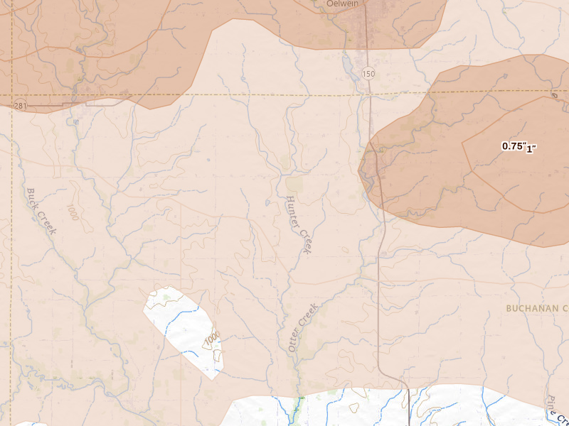 Radar-estimated hail-size map of the storm over Hazleton, IA on Aug 7, 2026