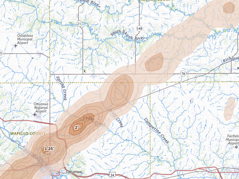 Radar-estimated hail-size map of the storm over Hedrick, IA on Apr 2, 2026