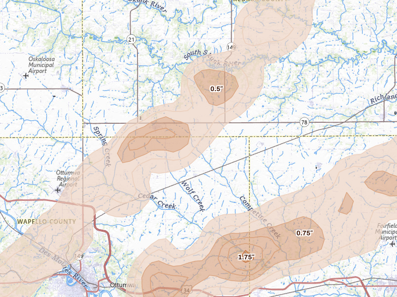 Radar-estimated hail-size map of the storm over Hedrick, IA on Apr 14, 2026